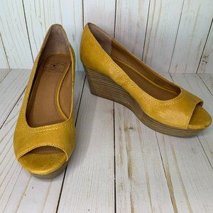 Lucky Brand Yellow Mustard Peep Leather Wedge Shoe